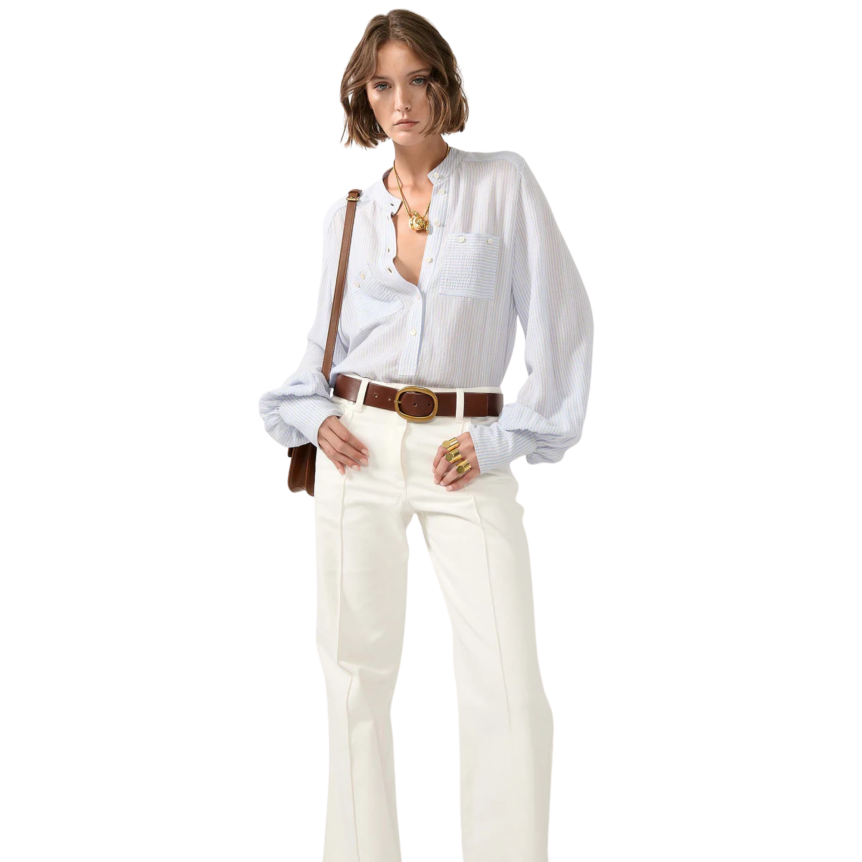 chemise col mao BARBARA BUI manche bouffante crépon viscose coton blanc fine rayure bleu ciel léger