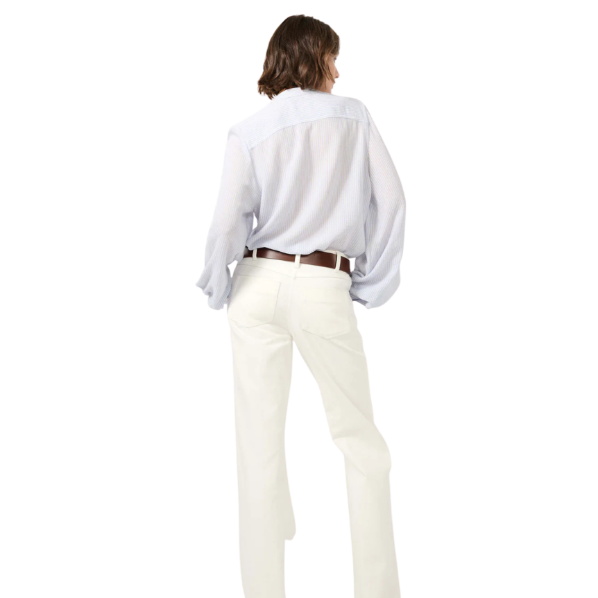 chemise col mao BARBARA BUI manche bouffante crépon viscose coton blanc fine rayure bleu ciel léger