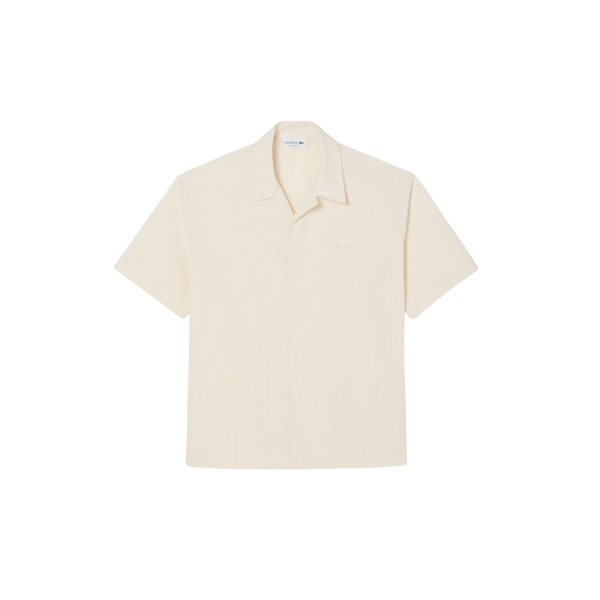 Chemise ample seersucker LACOSTE coton blanc beige fine rayure broderie crocodile