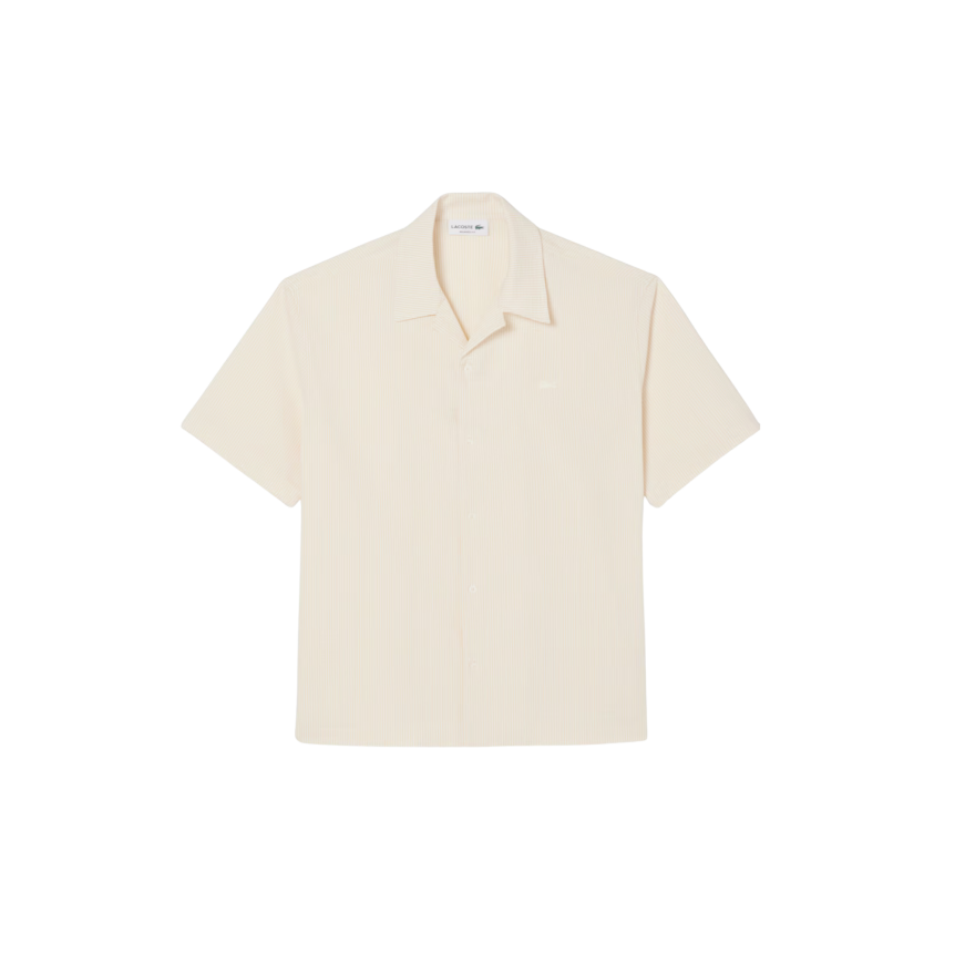 Chemise ample seersucker LACOSTE coton blanc beige fine rayure broderie crocodile