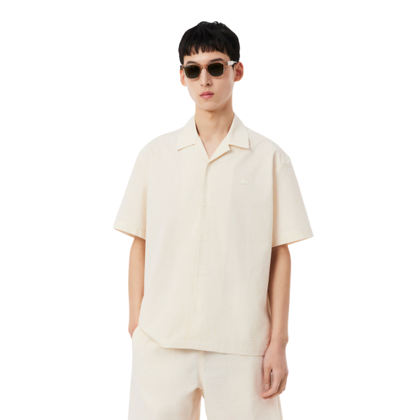 Chemise ample seersucker LACOSTE coton blanc beige fine rayure broderie crocodile