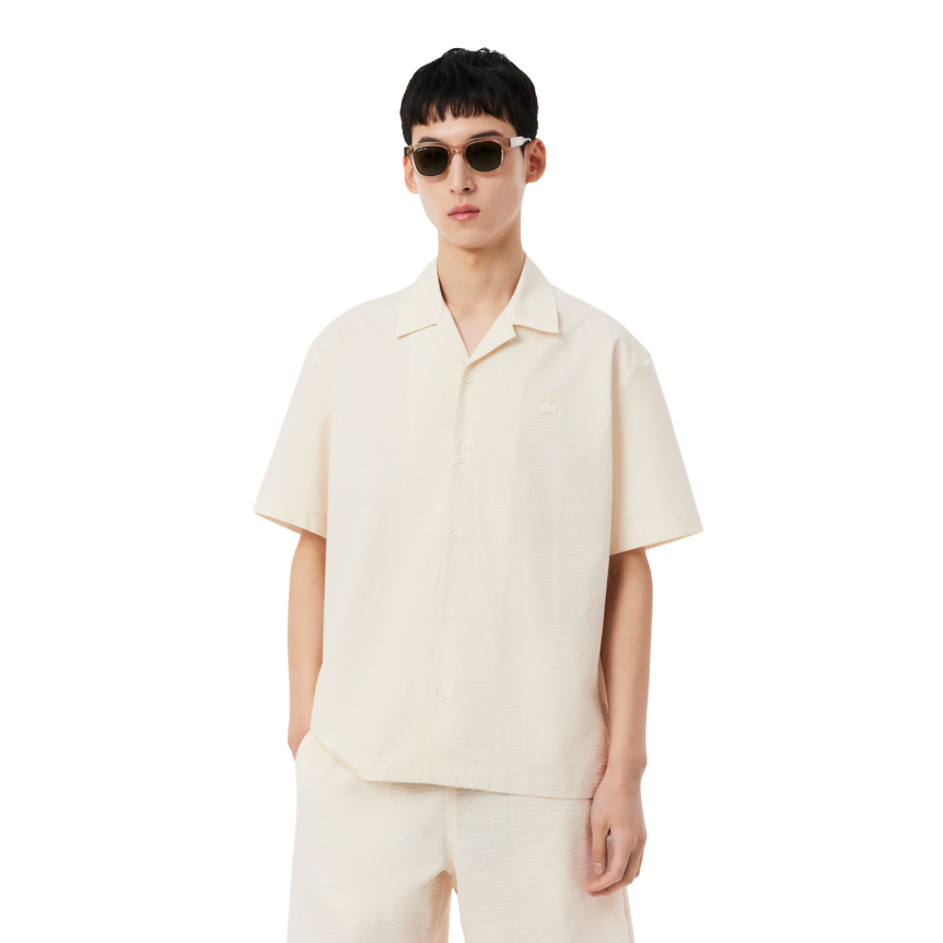 Chemise ample seersucker LACOSTE coton blanc beige fine rayure broderie crocodile