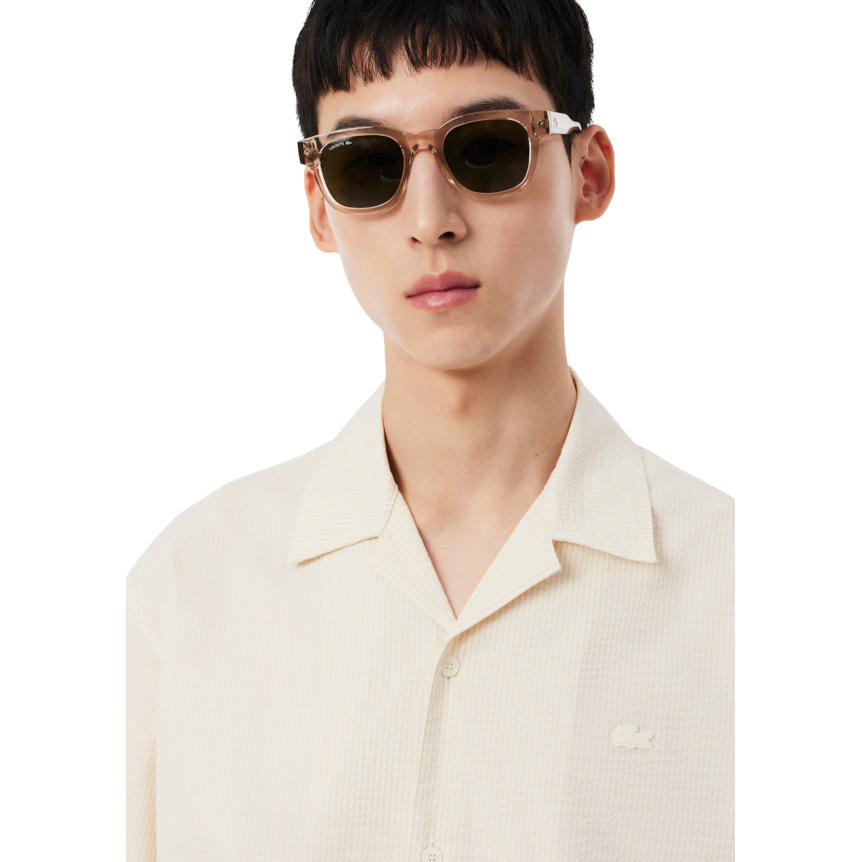 Chemise ample seersucker LACOSTE coton blanc beige fine rayure broderie crocodile