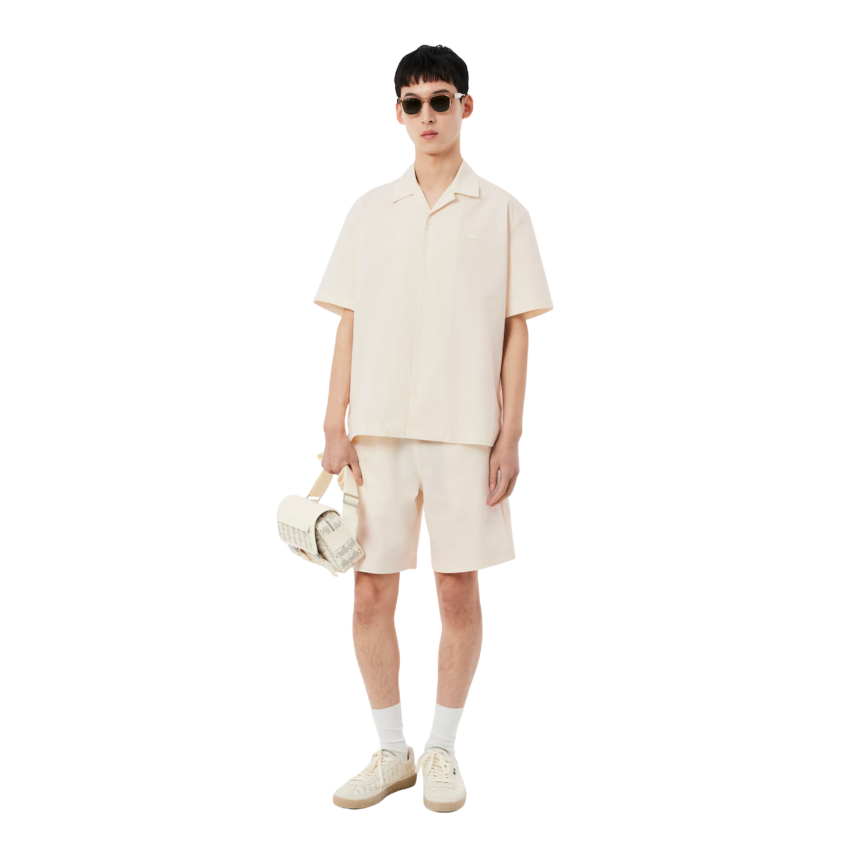 Chemise ample seersucker LACOSTE coton blanc beige fine rayure broderie crocodile