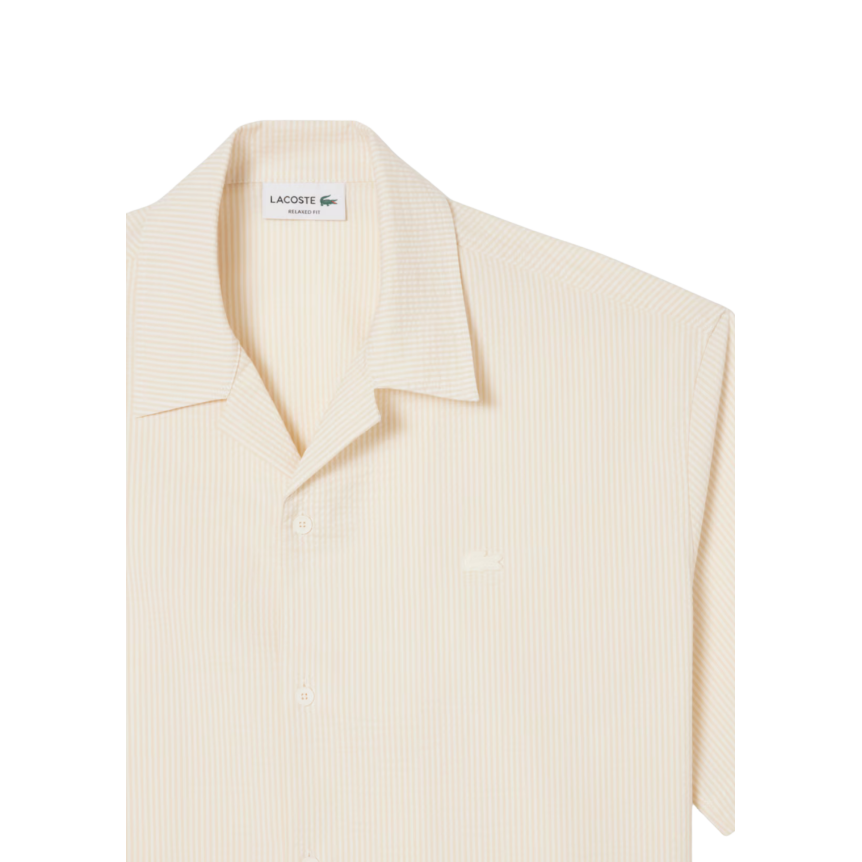 Chemise ample seersucker LACOSTE coton blanc beige fine rayure broderie crocodile