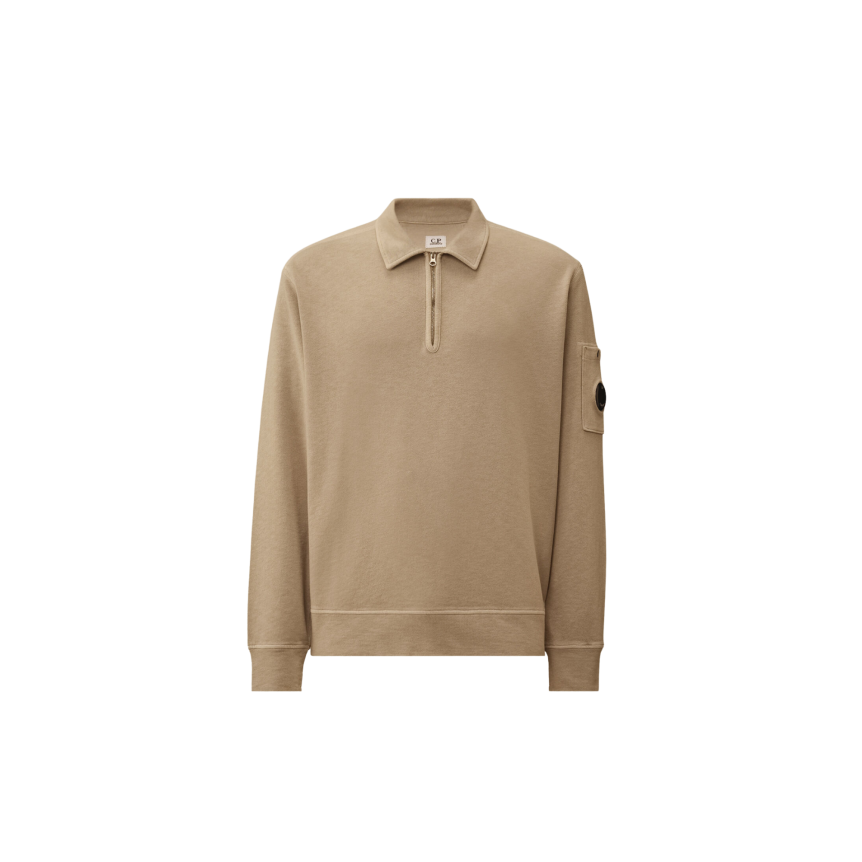 Sweat shirt CP COMPANY col polo demi zip coton délavé vieilli beige gris