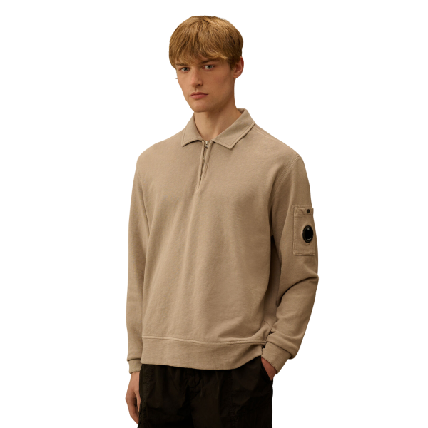Sweat shirt CP COMPANY col polo demi zip coton délavé vieilli beige gris