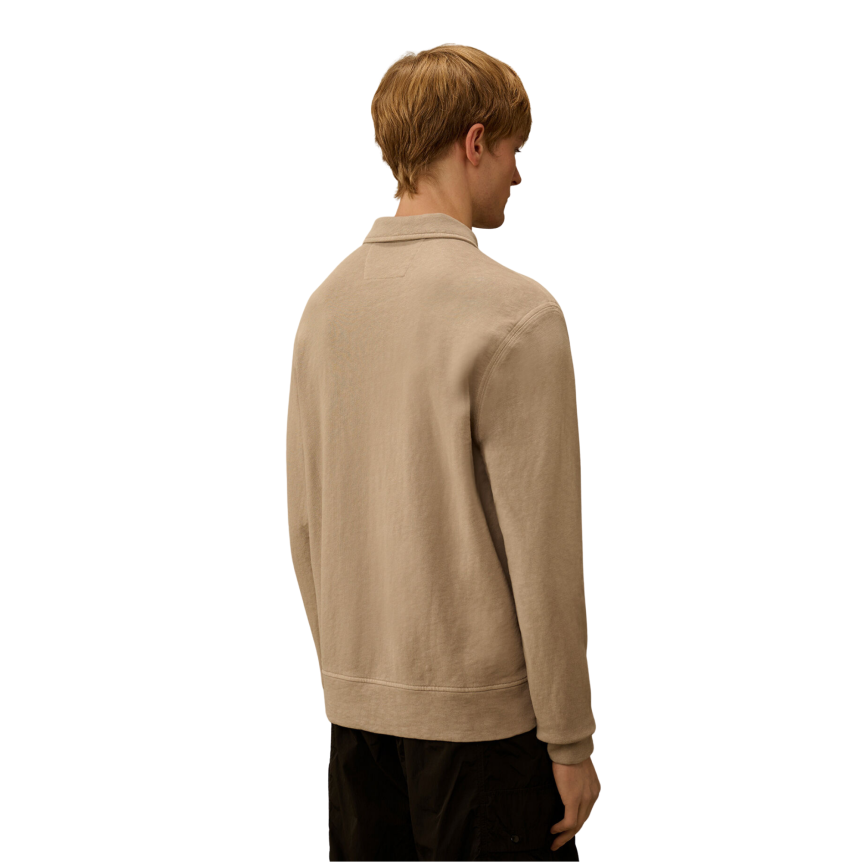 Sweat shirt CP COMPANY col polo demi zip coton délavé vieilli beige gris