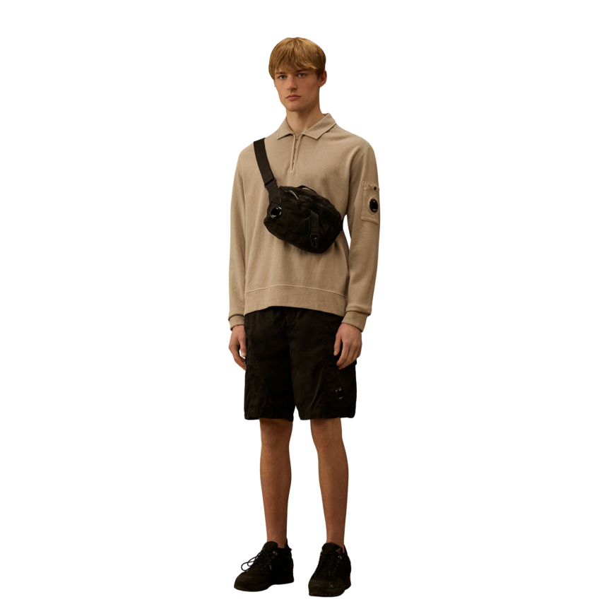 Sweat shirt CP COMPANY col polo demi zip coton délavé vieilli beige gris