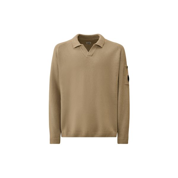 Pull CP COMPANY col polo coton chenille gris beige lentille poche manche