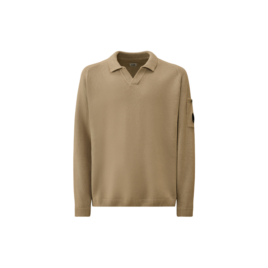 Pull CP COMPANY col polo coton chenille gris beige lentille poche manche
