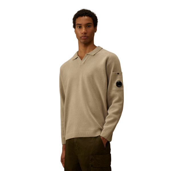 Pull CP COMPANY col polo coton chenille gris beige lentille poche manche