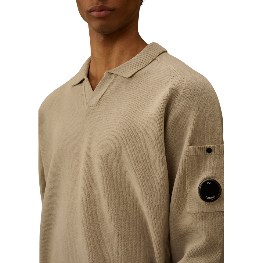 Pull CP COMPANY col polo coton chenille gris beige lentille poche manche