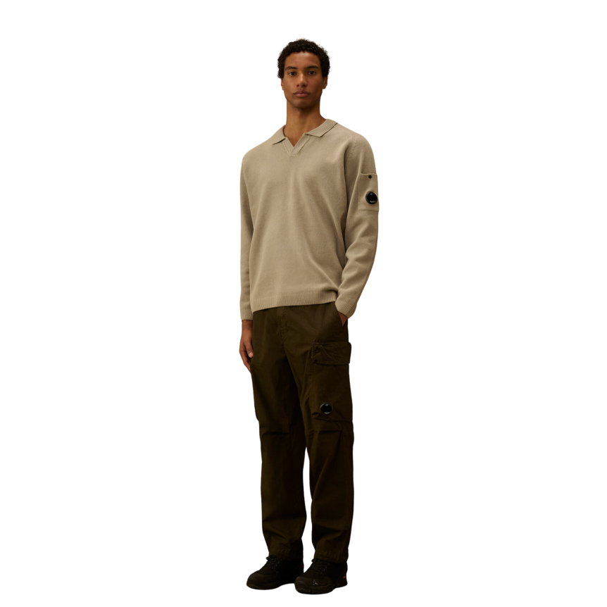 Pull CP COMPANY col polo coton chenille gris beige lentille poche manche