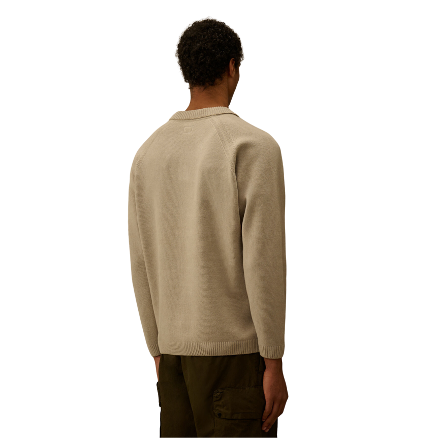 Pull CP COMPANY col polo coton chenille gris beige lentille poche manche