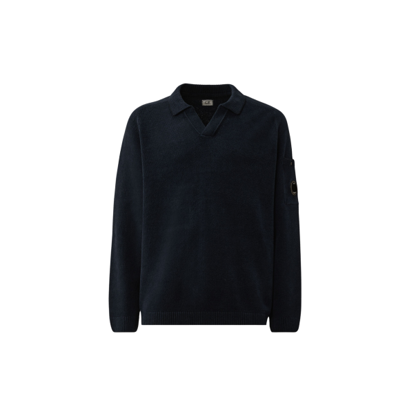 Pull CP COMPANY col polo coton chenille bleu marine lentille poche manche