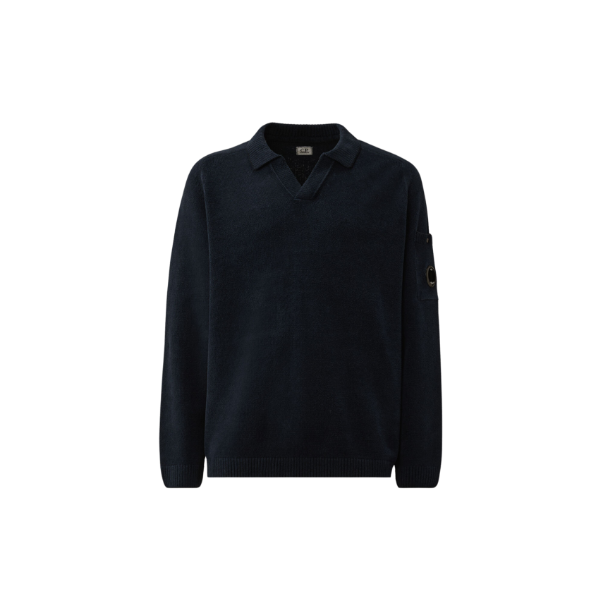 Pull CP COMPANY col polo coton chenille bleu marine lentille poche manche
