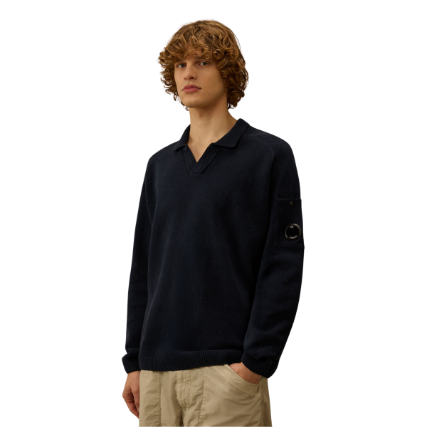 Pull CP COMPANY col polo coton chenille bleu marine lentille poche manche