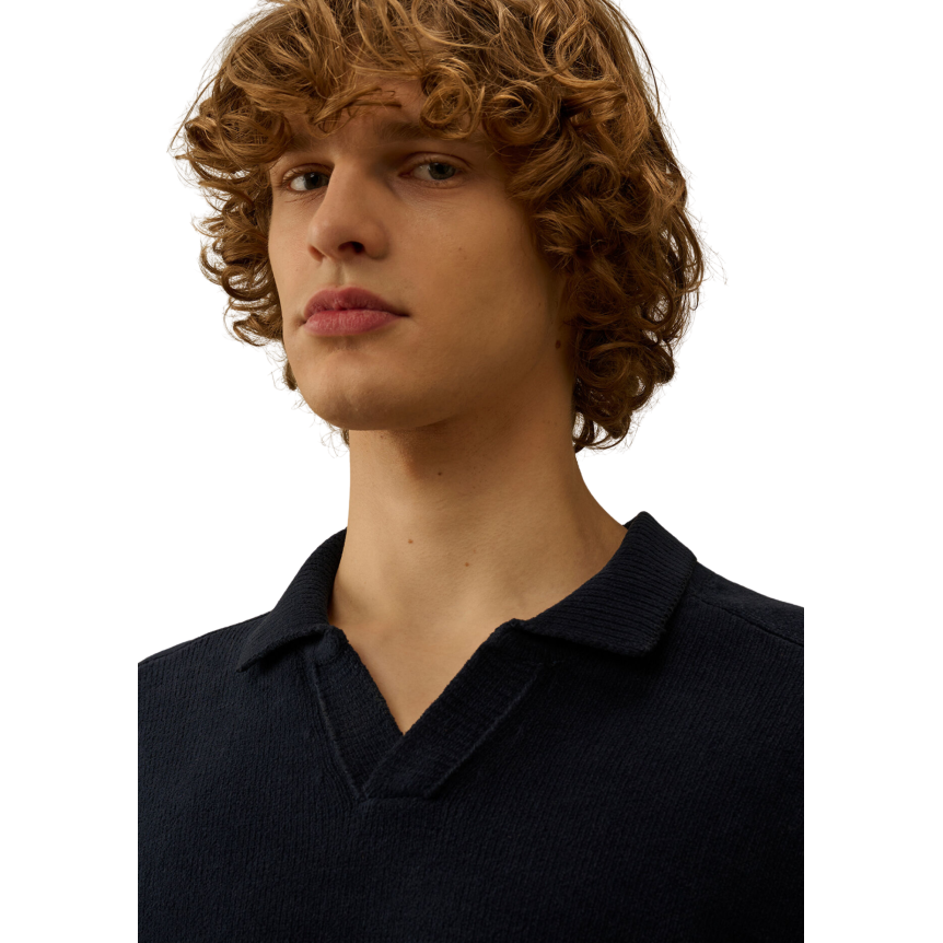 Pull CP COMPANY col polo coton chenille bleu marine lentille poche manche