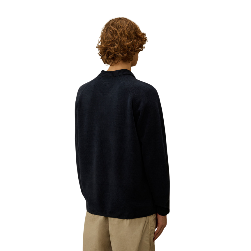 Pull CP COMPANY col polo coton chenille bleu marine lentille poche manche