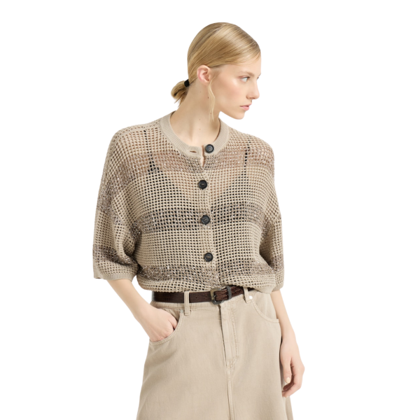 Cardigan court à boutons BRUNELLO CUCINELLI coton façon filet beige rayure brillantes