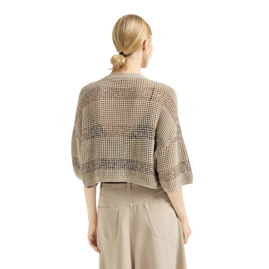 Cardigan court à boutons BRUNELLO CUCINELLI coton façon filet beige rayure brillantes