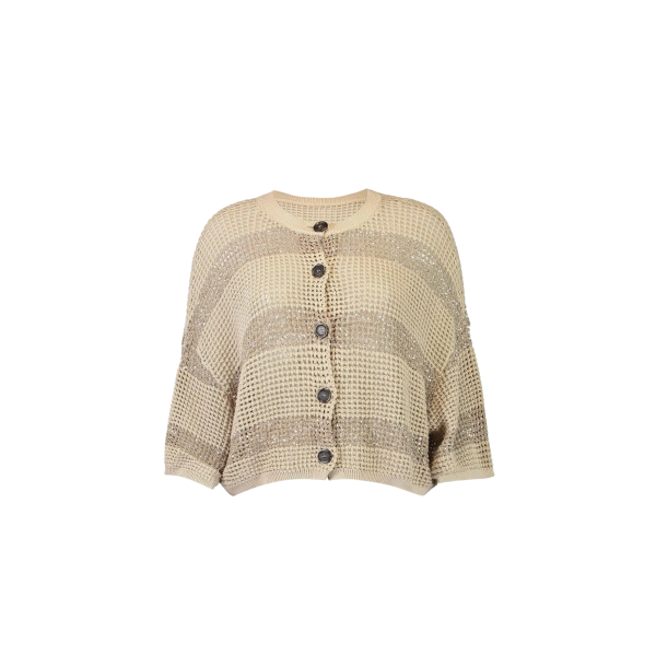 Cardigan col rond BRUNELLO CUCINELLI coton filet beige rayure broderie paillette doré