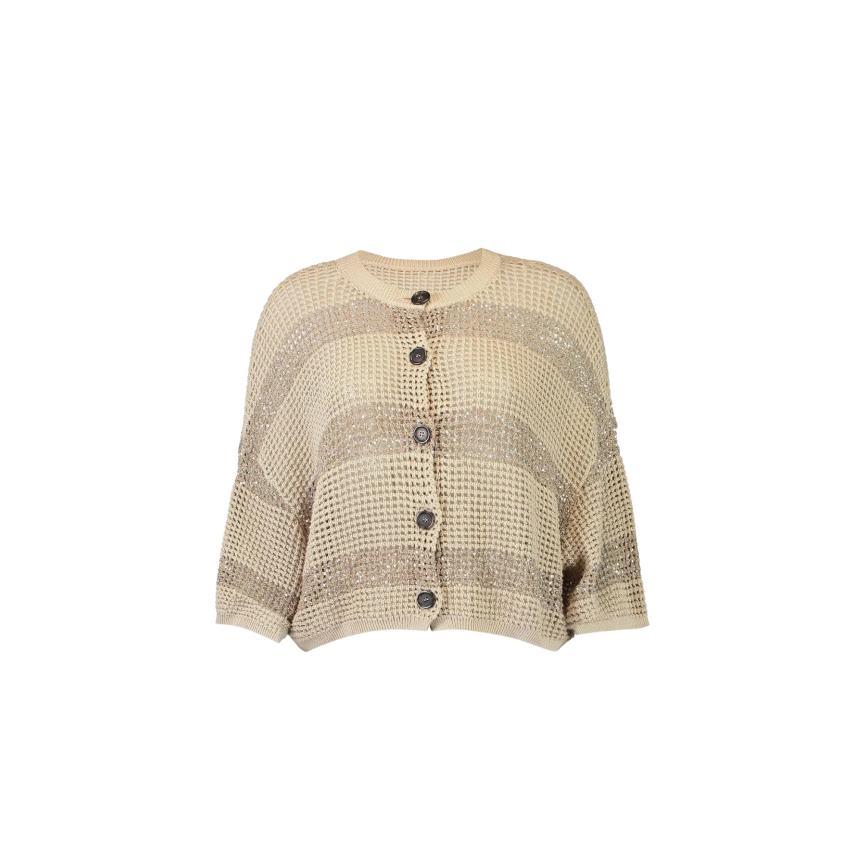 Cardigan col rond BRUNELLO CUCINELLI coton filet beige rayure broderie paillette doré