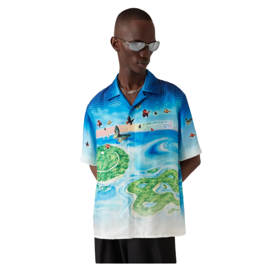 Chemise CASABLANCA manche courte soie Beyond Destiny bleu papillons