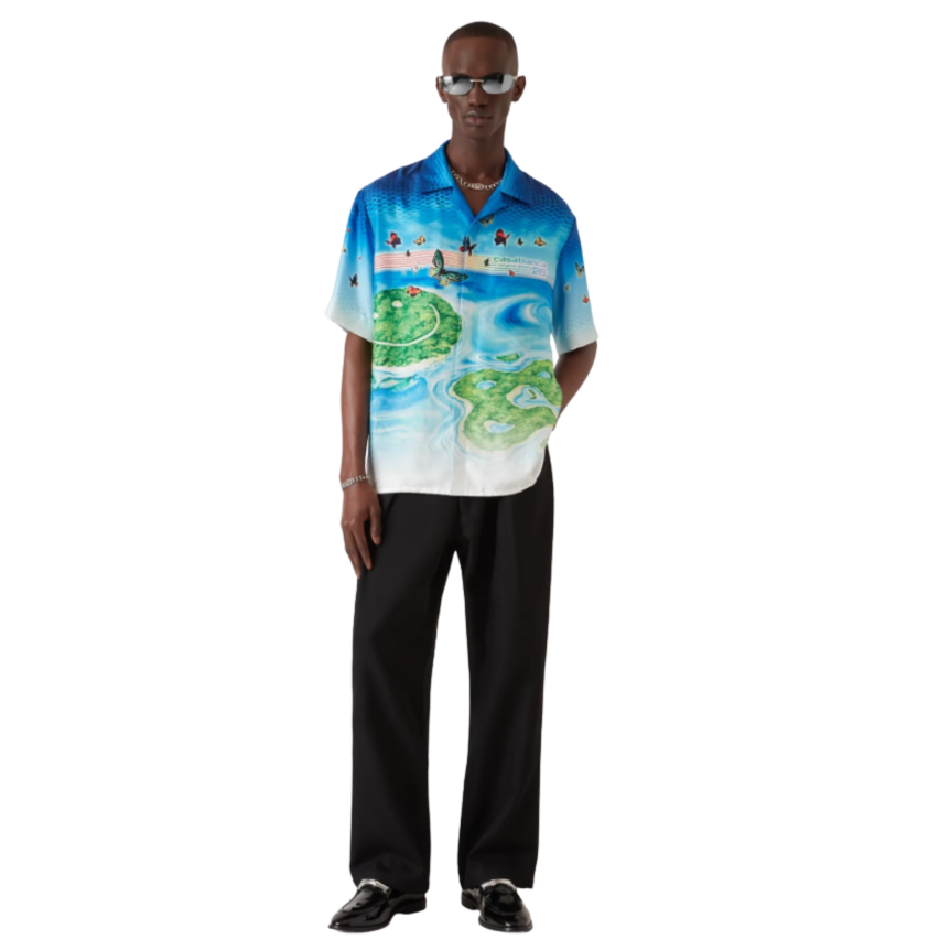 Chemise CASABLANCA manche courte soie Beyond Destiny bleu papillons