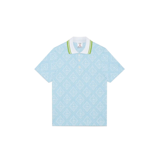 Polo manche courte CASABLANCA coton jacquard bleu ciel col vert