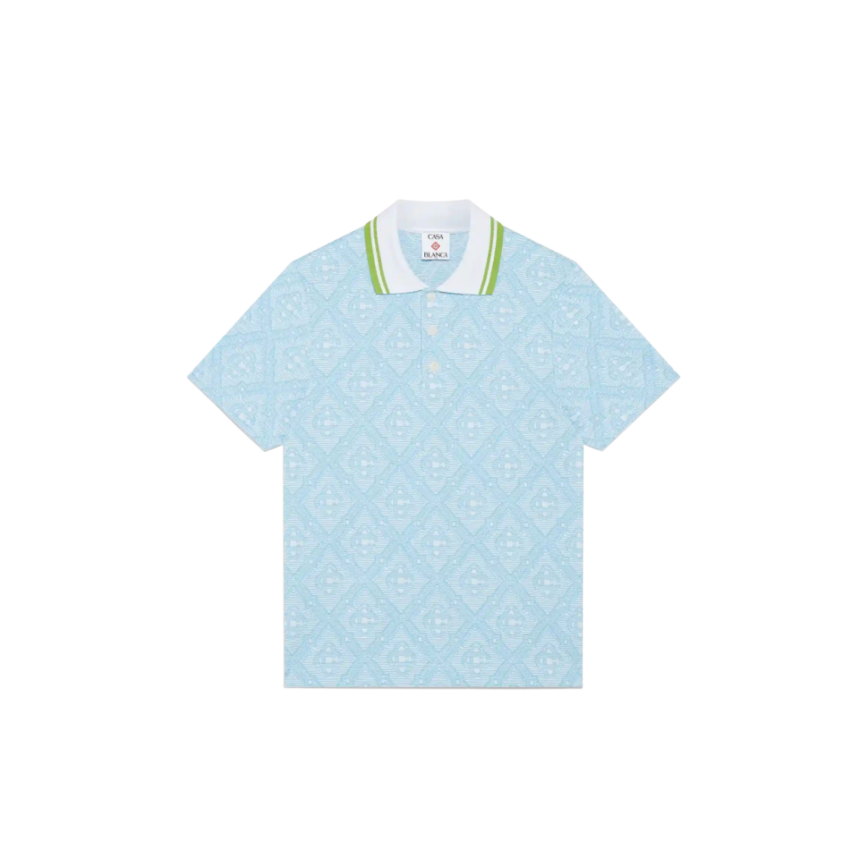 Polo manche courte CASABLANCA coton jacquard bleu ciel col vert