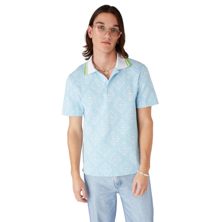 Polo manche courte CASABLANCA coton jacquard bleu ciel col vert