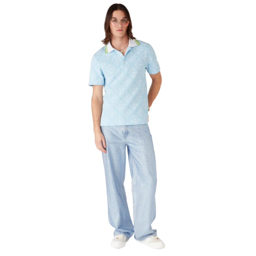 Polo manche courte CASABLANCA coton jacquard bleu ciel col vert