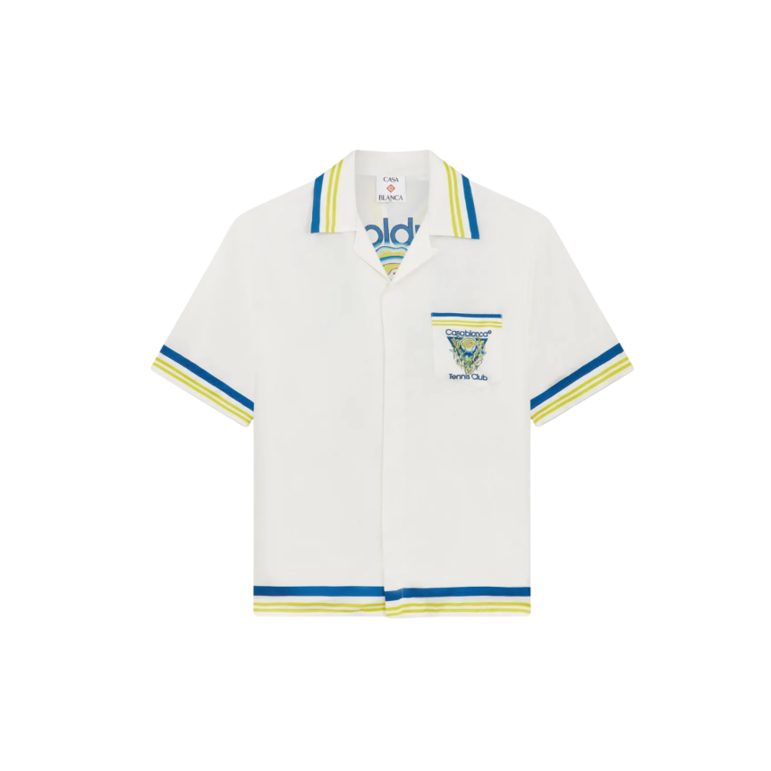 Chemise manche courte CASABLANCA soie blanc Tennis Club bleu jaune vert