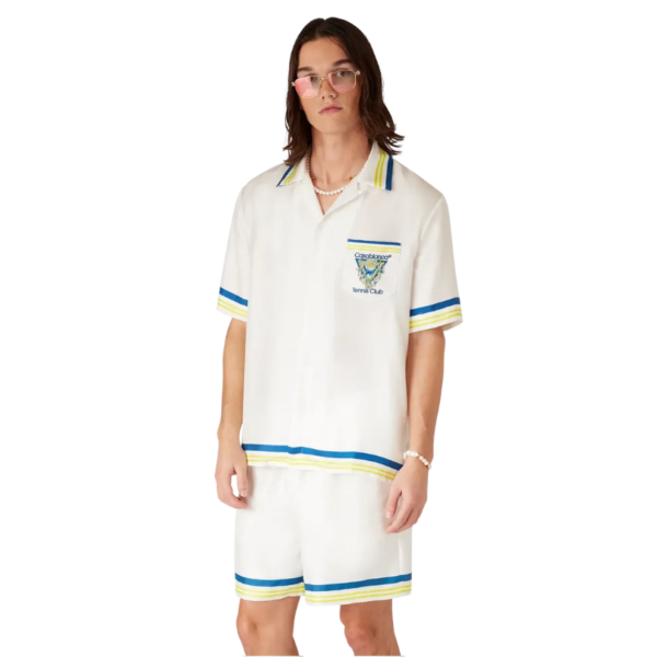 Chemise manche courte CASABLANCA soie blanc Tennis Club bleu jaune vert