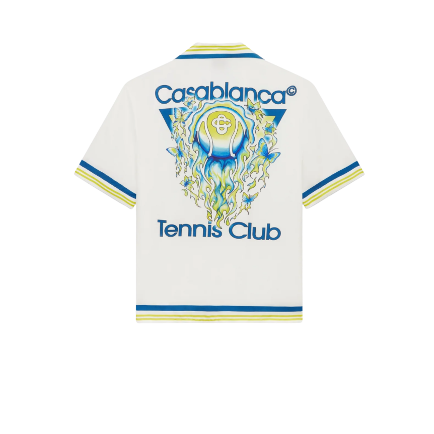 Chemise manche courte CASABLANCA soie blanc Tennis Club bleu jaune vert
