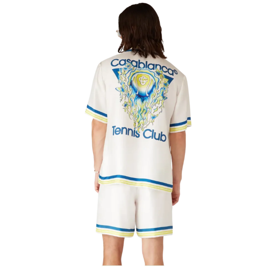 Chemise manche courte CASABLANCA soie blanc Tennis Club bleu jaune vert