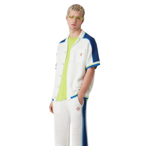 Chemise manche courte CASABLANCA coton mélangé crochet blanc bleu