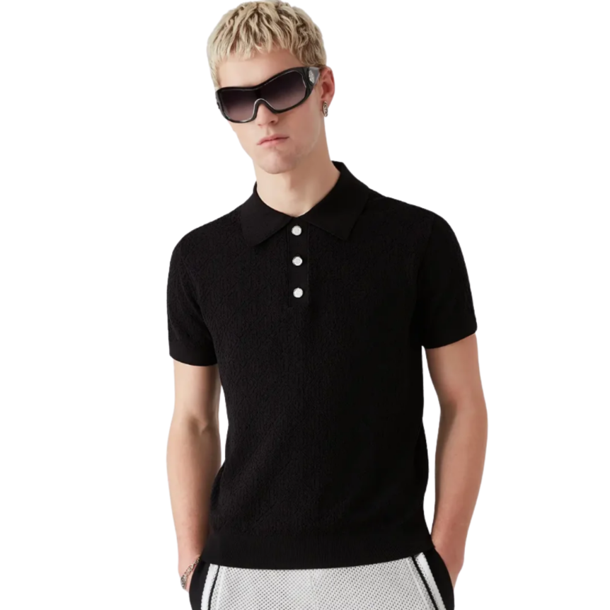 Pull polo manche courte CASABLANCA coton monogramme noir