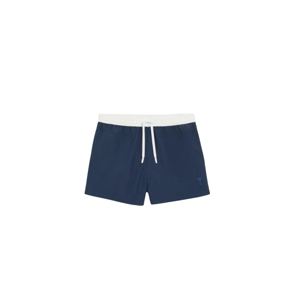Short de bain AMI Paris nylon bleu marine ceinture blanche