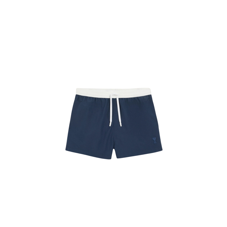 Short de bain AMI Paris nylon bleu marine ceinture blanche