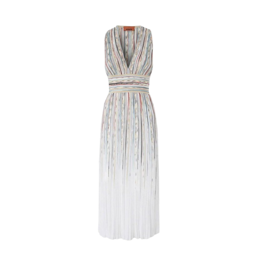 Robe longue MISSONI col en V ceinture lamé beige rouge bleu