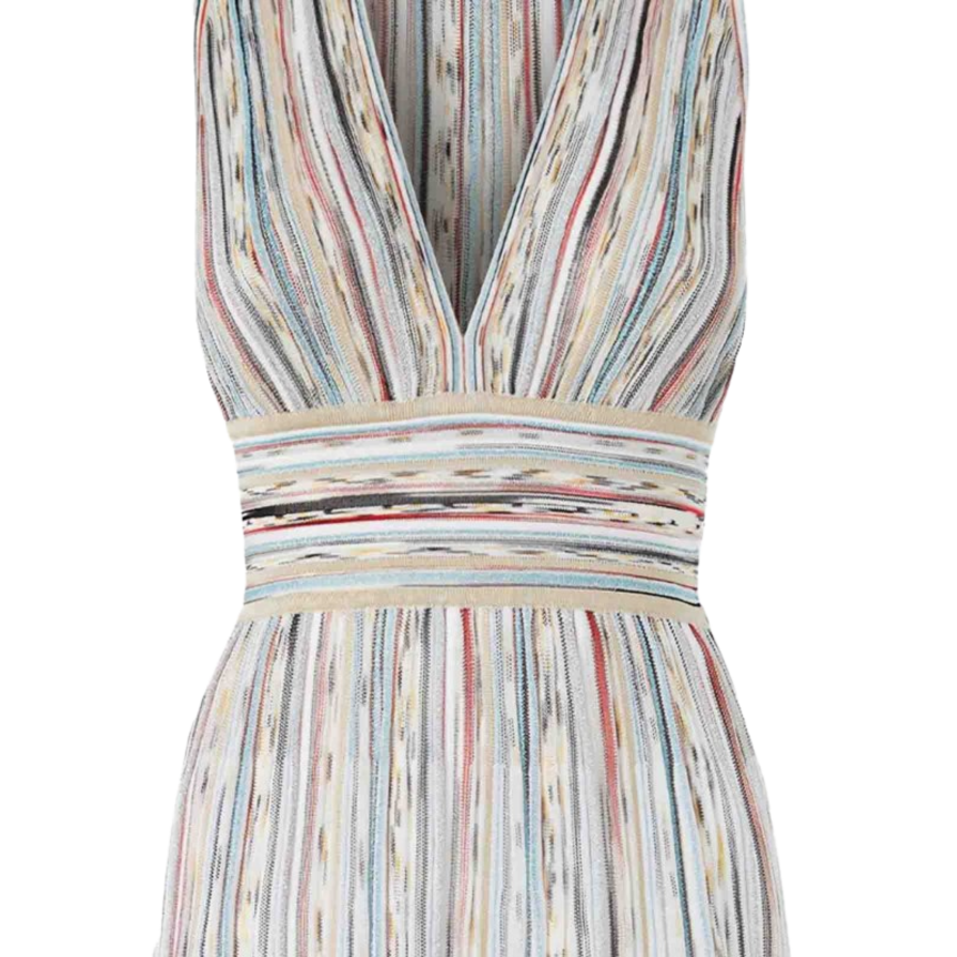 Robe longue MISSONI col en V ceinture lamé beige rouge bleu