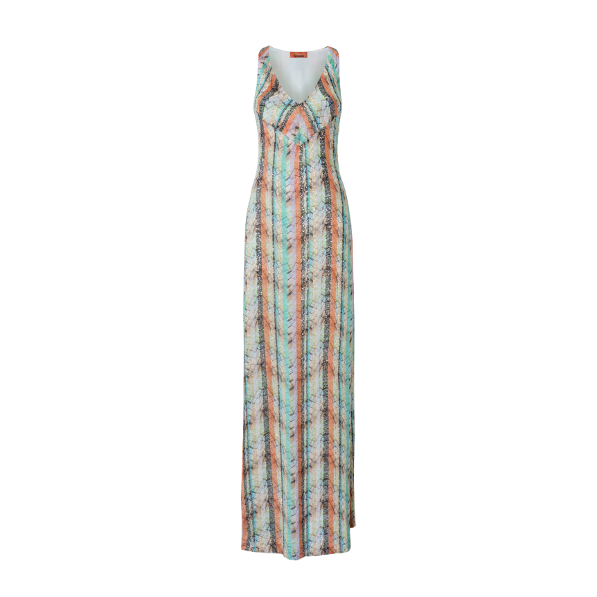 Robe longue MISSONI sans manches col V mélange de viscose lamé multicolore