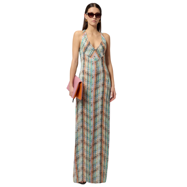 Robe longue MISSONI sans manches col V mélange de viscose lamé multicolore