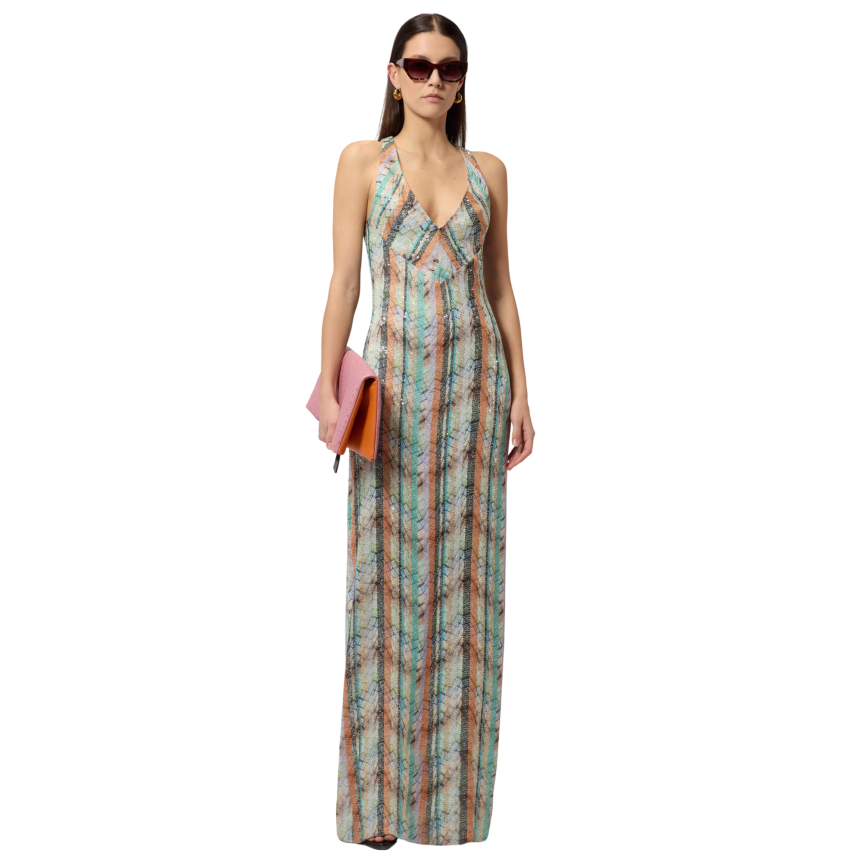 Robe longue MISSONI sans manches col V mélange de viscose lamé multicolore