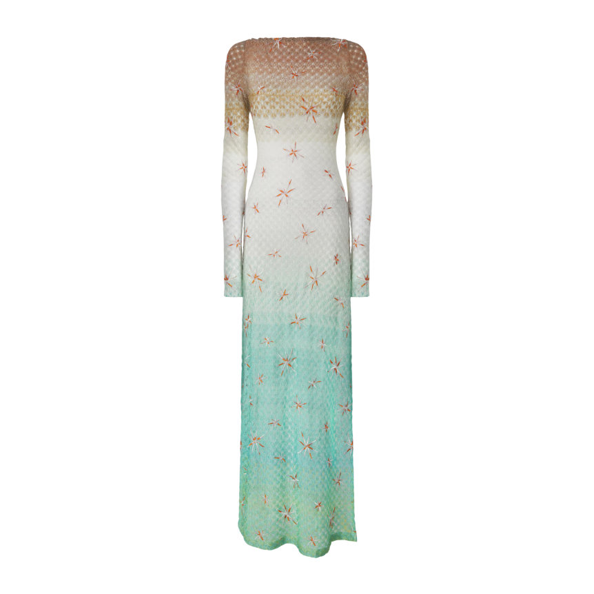 Robe longue de plage MISSONI viscose lamé motif toile d’araignée dégradé broderie
