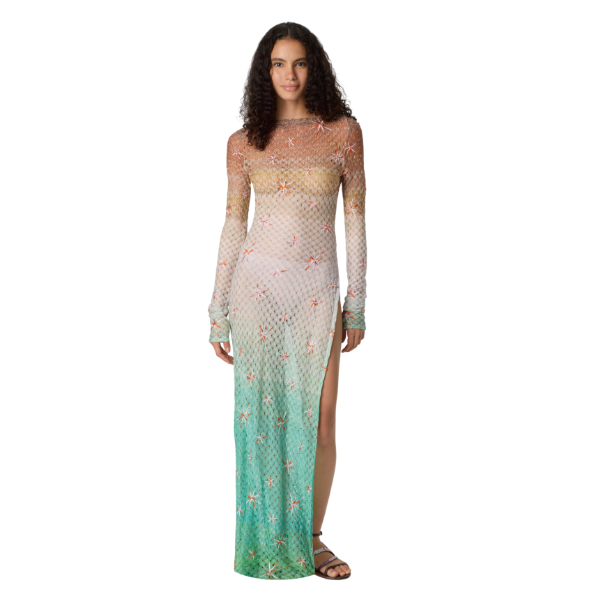 Robe longue de plage MISSONI viscose lamé motif toile d’araignée dégradé broderie