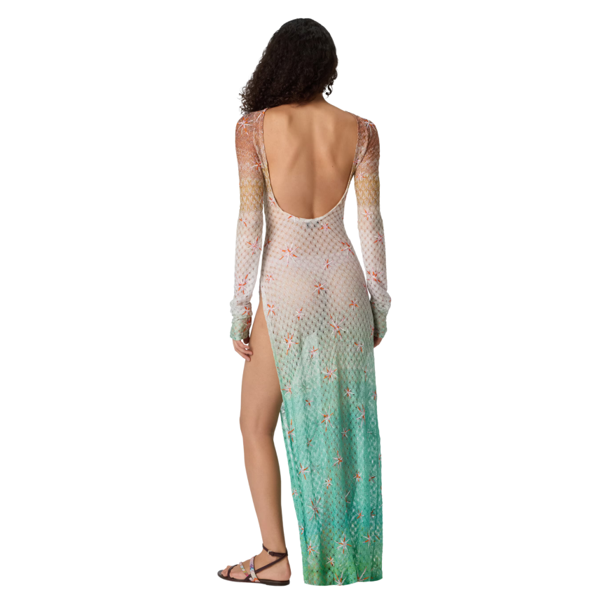 Robe longue de plage MISSONI viscose lamé motif toile d’araignée dégradé broderie